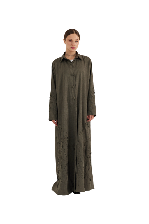 Floral Appliqué Linen Abaya