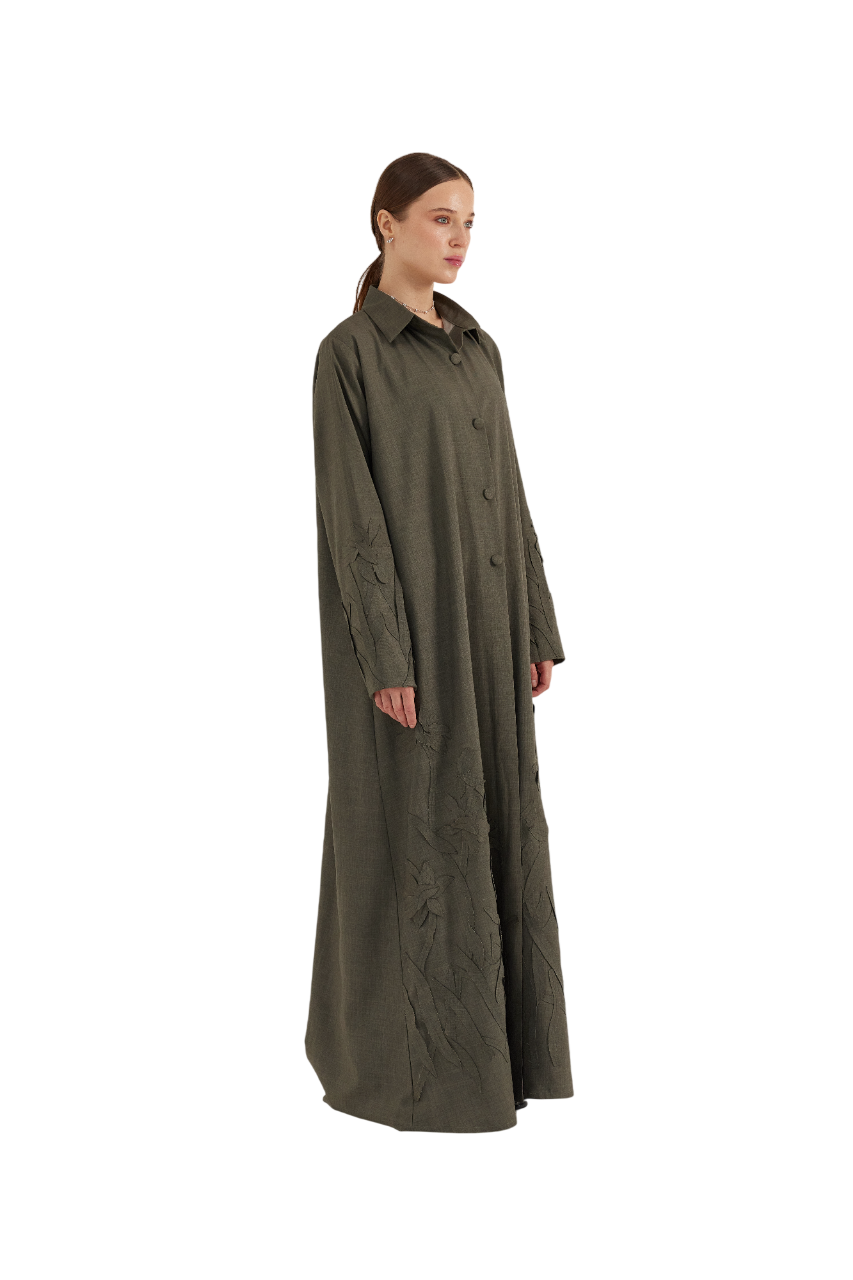 Floral Appliqué Linen Abaya